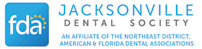 The image is a logo for the Jacksonville Dental Society, featuring a stylized letter J with the city name and a dental crown motif.